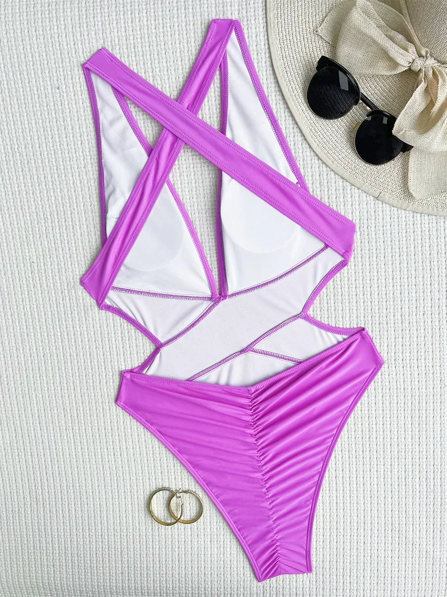 Women's Deep V Neck Cross Backless One-Piece Swimsuit - High Cut, Stylish & Flattering Swimwear