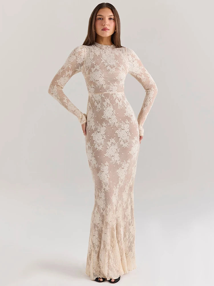 Women’s Lace Print Long Sleeve Maxi Dress with Sexy Zipper and Half High Collar
