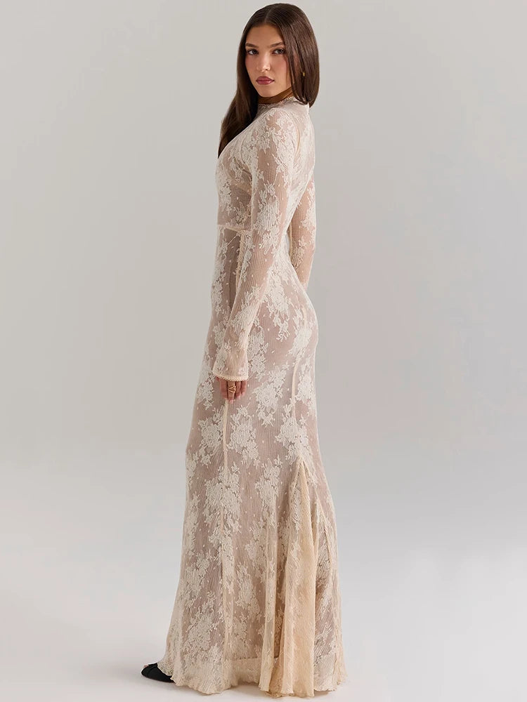 Women’s Lace Print Long Sleeve Maxi Dress with Sexy Zipper and Half High Collar