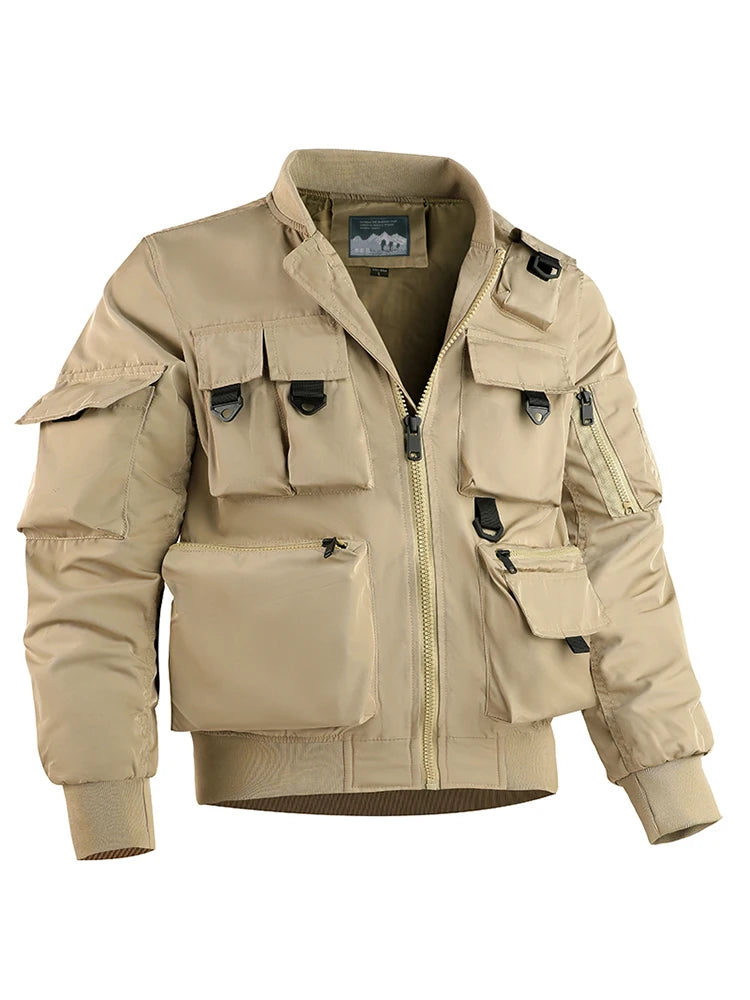 Beige military-style jacket with multiple pockets on a white background