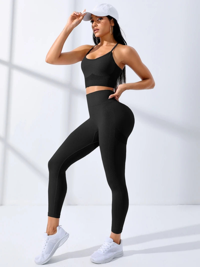 Women's Seamless Two-Piece Sports Bra and Leggings Set with Thin Shoulder Straps