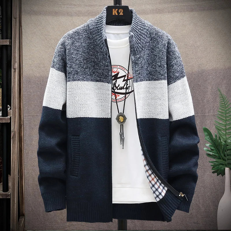 Men's Casual Striped Fleece Zip-Up Cardigan