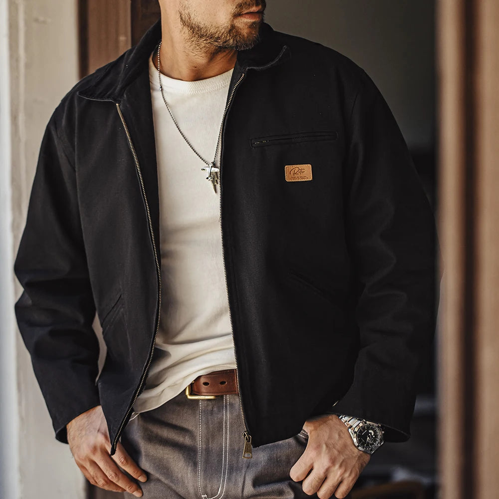 Men's Retro Canvas Jacket with Lapel Collar and Zipper