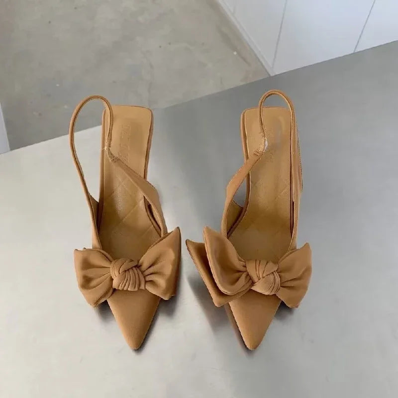 Women's Slingback Heels with Butterfly Knot – Stylish Thin Pointed Toe Design