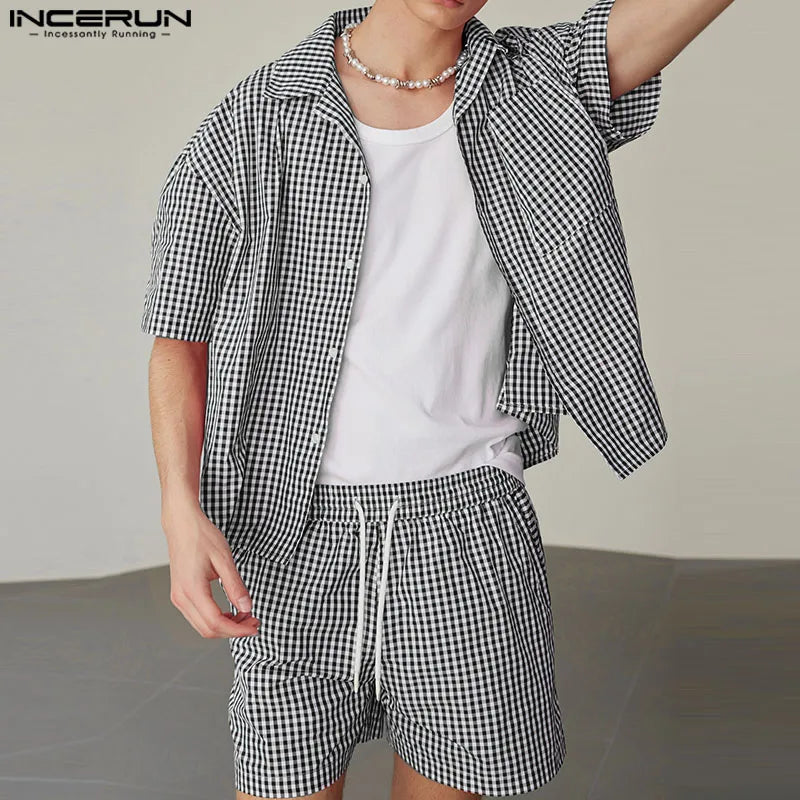 INCERUN Men's Plaid Two-Piece Shirt and Shorts Set – Casual Loose Fit