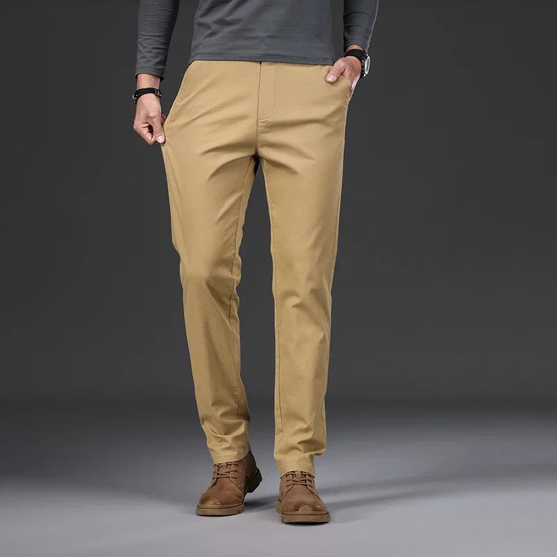 Men's Casual Slim Straight Trousers - 97% Cotton Comfortable Elastic Pants
