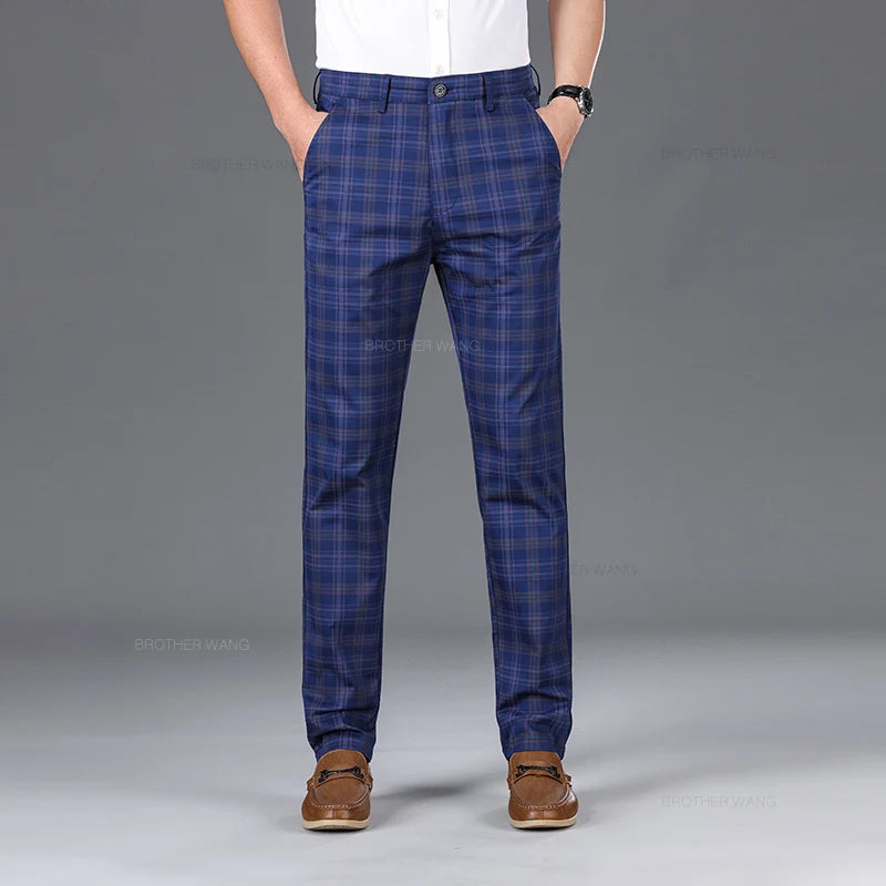 Slim Fit Cotton Plaid Stretch Trousers for Men