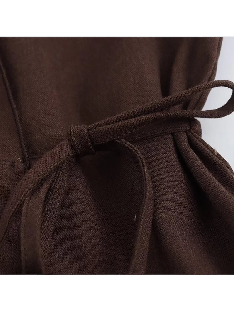 Linen Women's 2-Piece Set: Kimono Style Loose Lace-Up Shirt and Wide Leg Pants