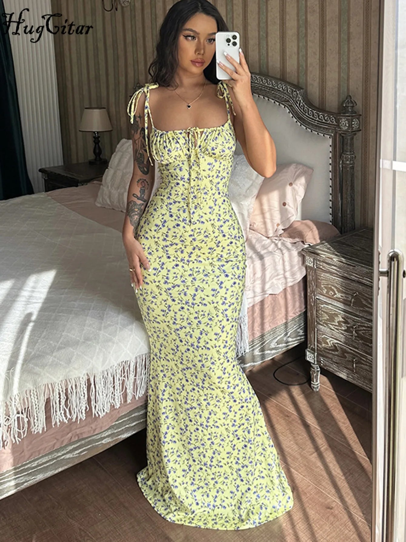 Hugcitar Elegant Floral Print Spaghetti Strap Sheath Dress for Women