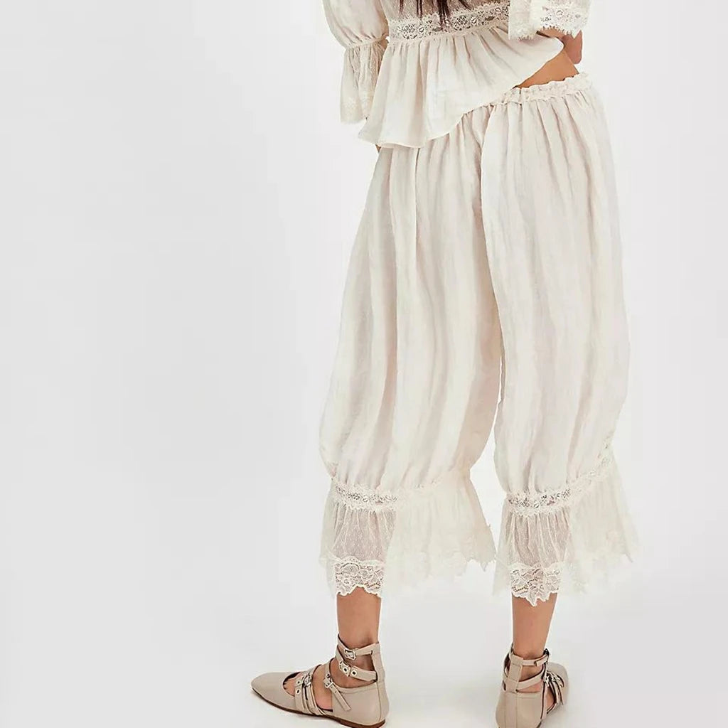 Women's Floral Lace Loose Fit Cropped Pants - High Waist Drawstring Calf-Length Lantern Bloomers