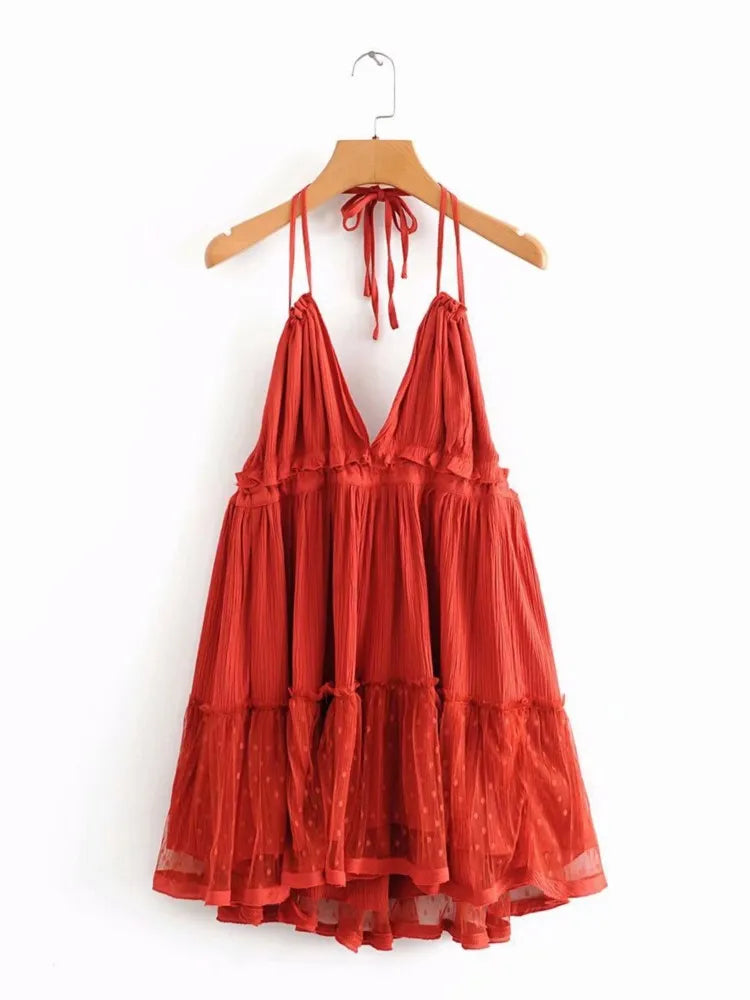 Women's Bow-Back Lacing Halter Collar Mesh Pleated Mini Dress
