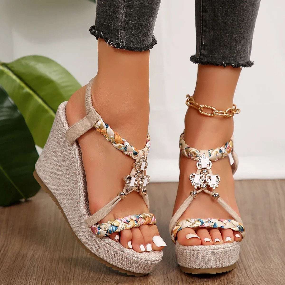 Women's Braided Platform Sandals - Metal Decor Wedge