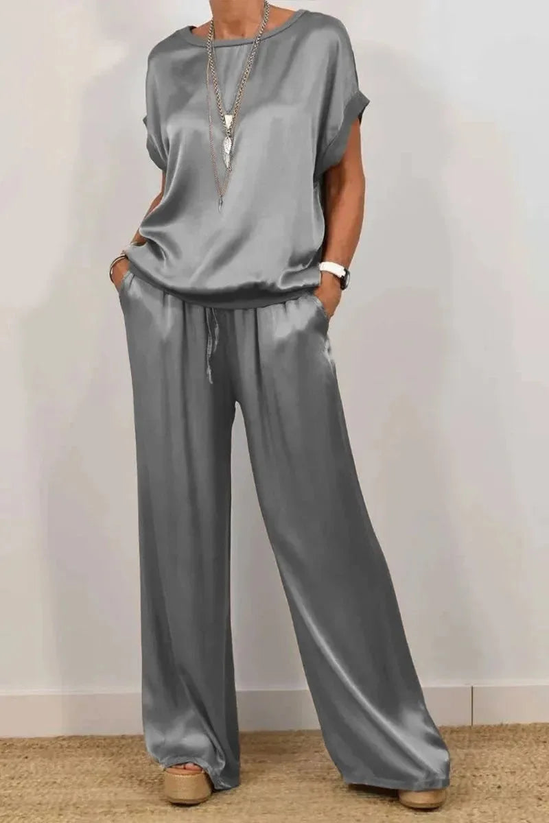 Women's Smooth Satin Two-Piece Set: Short Sleeve Top & Wide Leg Pants