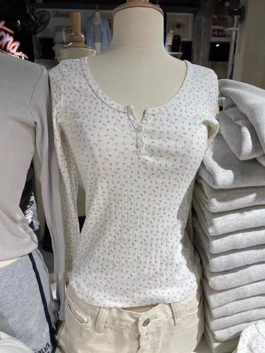 Women's Hollow Out Long Sleeve Round Neck Button-Up Slim Fit Cotton Sweater