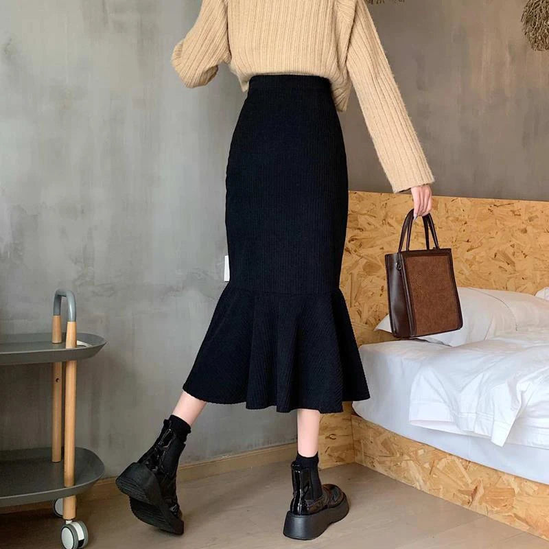 Women's Slim Fit High Waist Midi Skirt with Ruffles