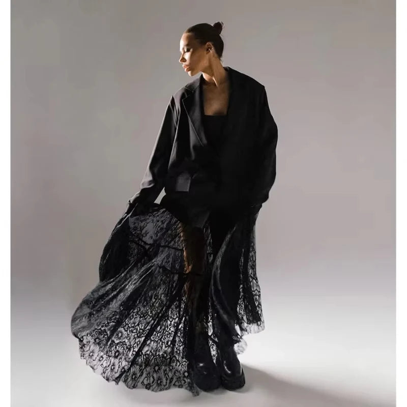 Chic Long Transparent Black Lace Skirt for Women