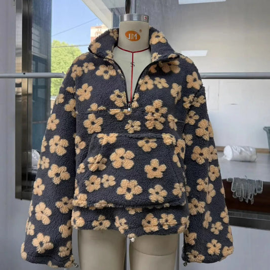 Women's Sherpa Floral Half Zip Hoodie - Loose Fit Hooded Sweater for Women