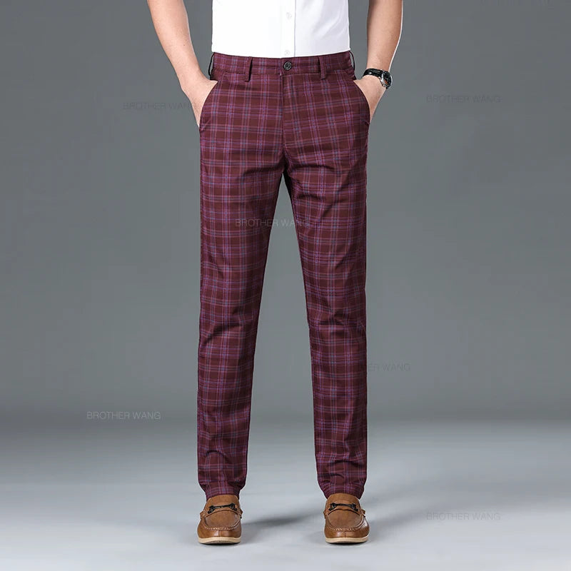 Slim Fit Cotton Plaid Stretch Trousers for Men