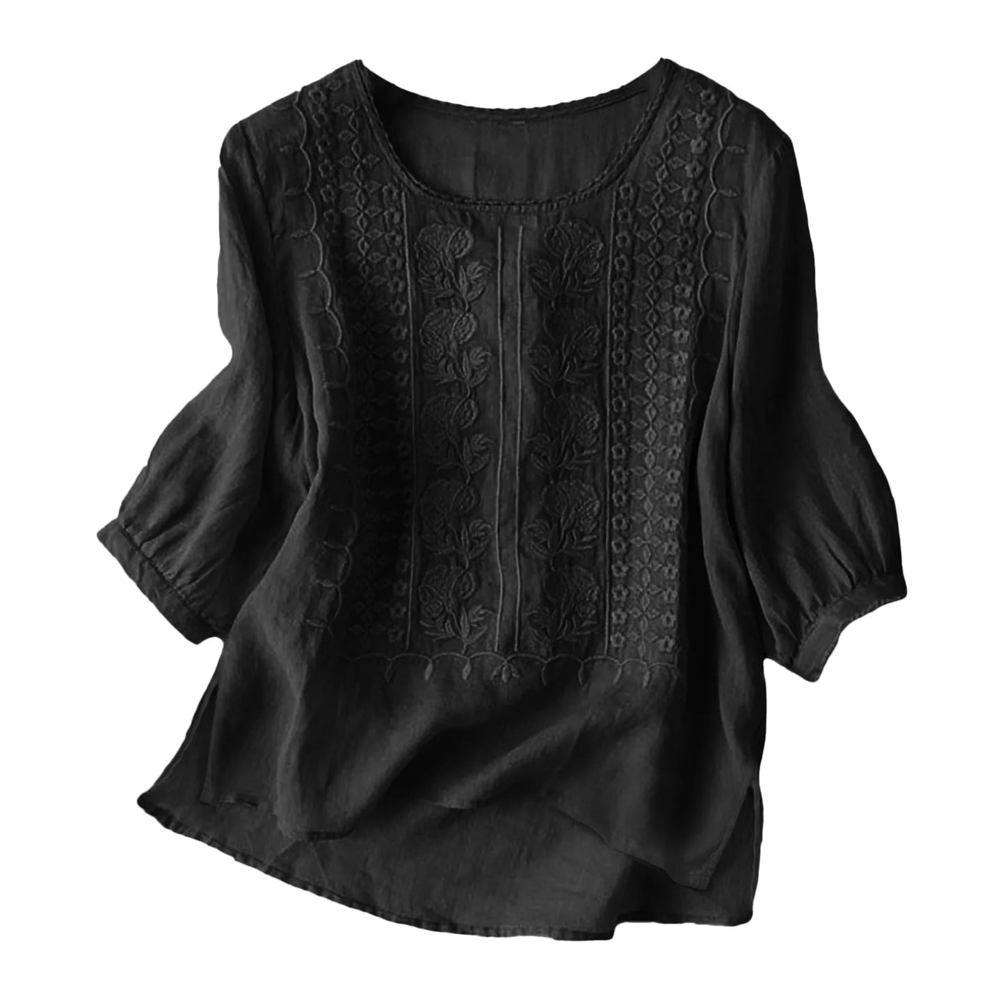 Women's Cotton Linen T Shirts Lace Crochet Embroidery Blouses Round Neck 3/4 Sleeve Casual Tops Thin Breathable Shirts Clothes