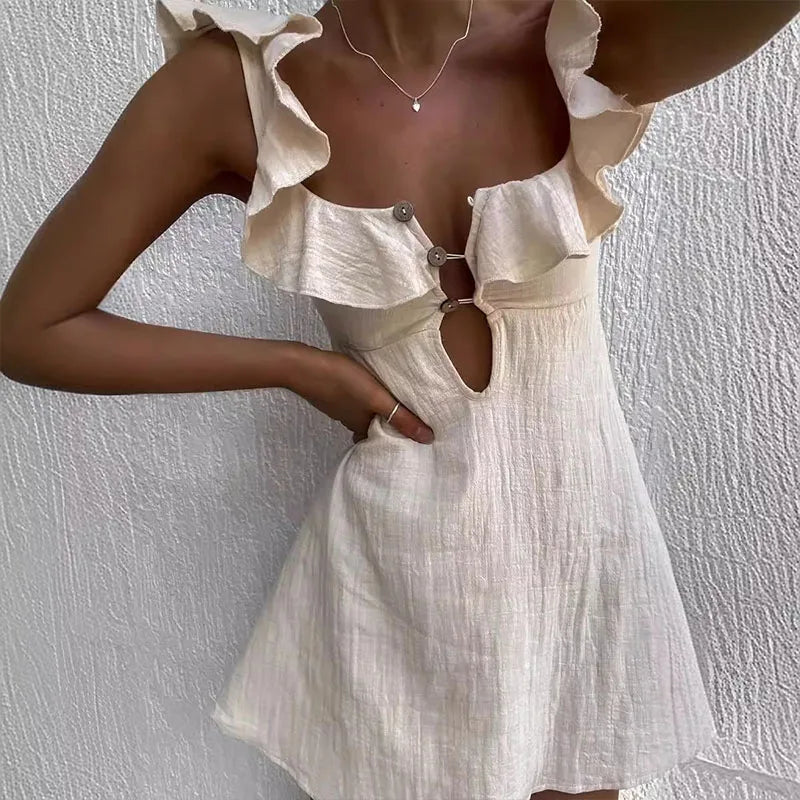 Women's V-Neck Sleeveless Mini Dress with Hollow Out Button Ruffles