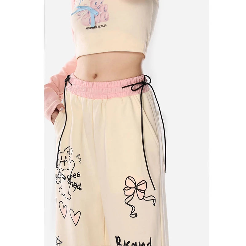 Women's Hand-Painted Loose Fit Straight Sweatpants - Elastic High-Waist with Drawstring