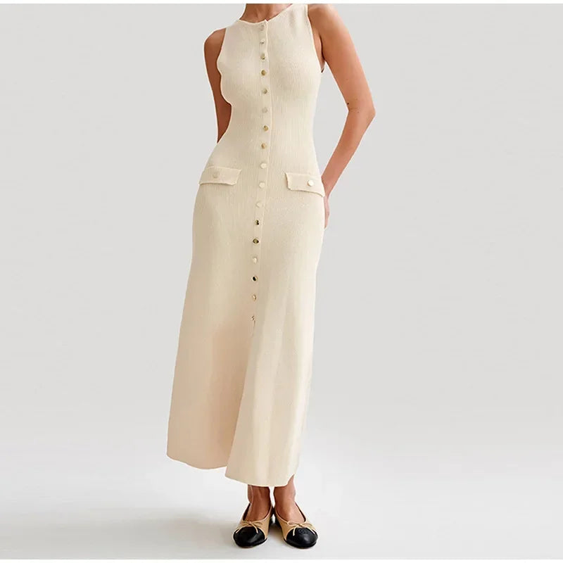 Stylish Women's Long Sleeveless Knitted Dress with Buttons