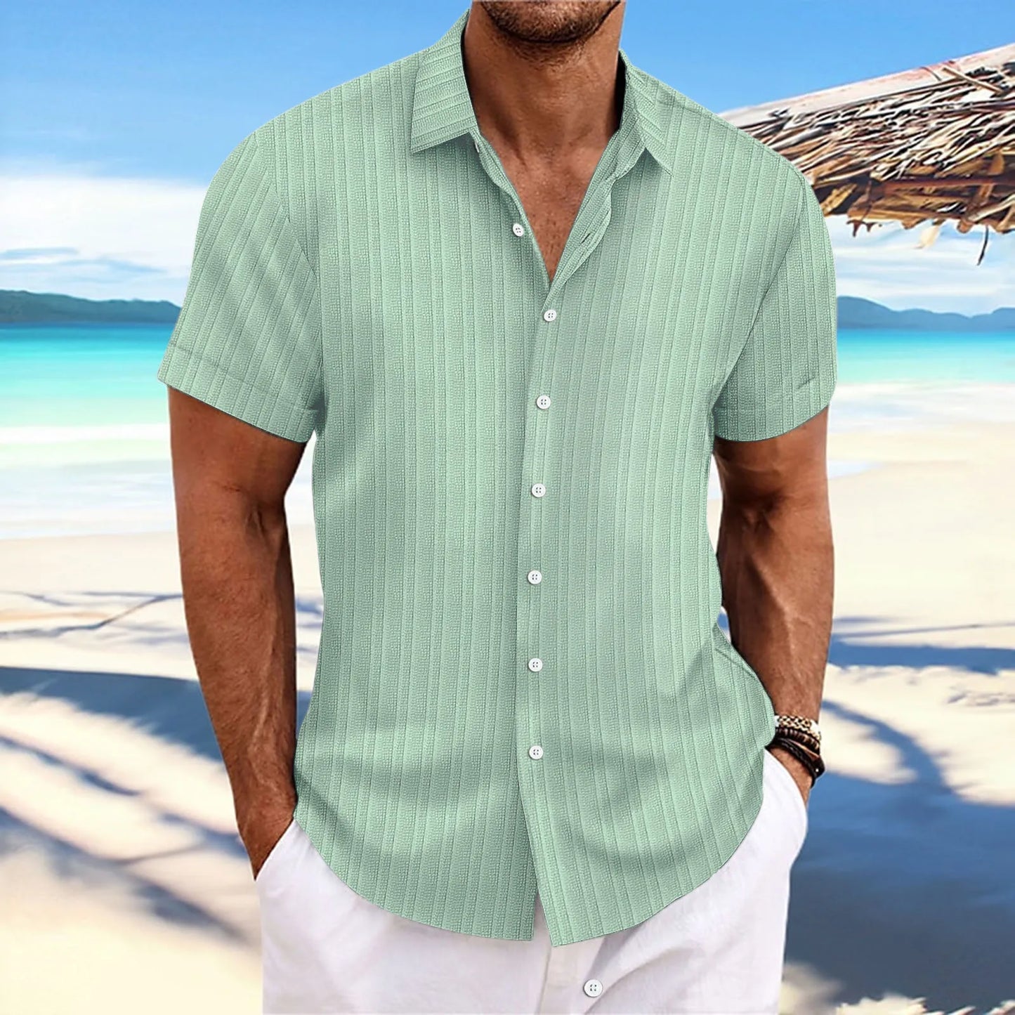 Men's Short-Sleeved Button-Up Shirt with Jacquard Wave Stripe Design