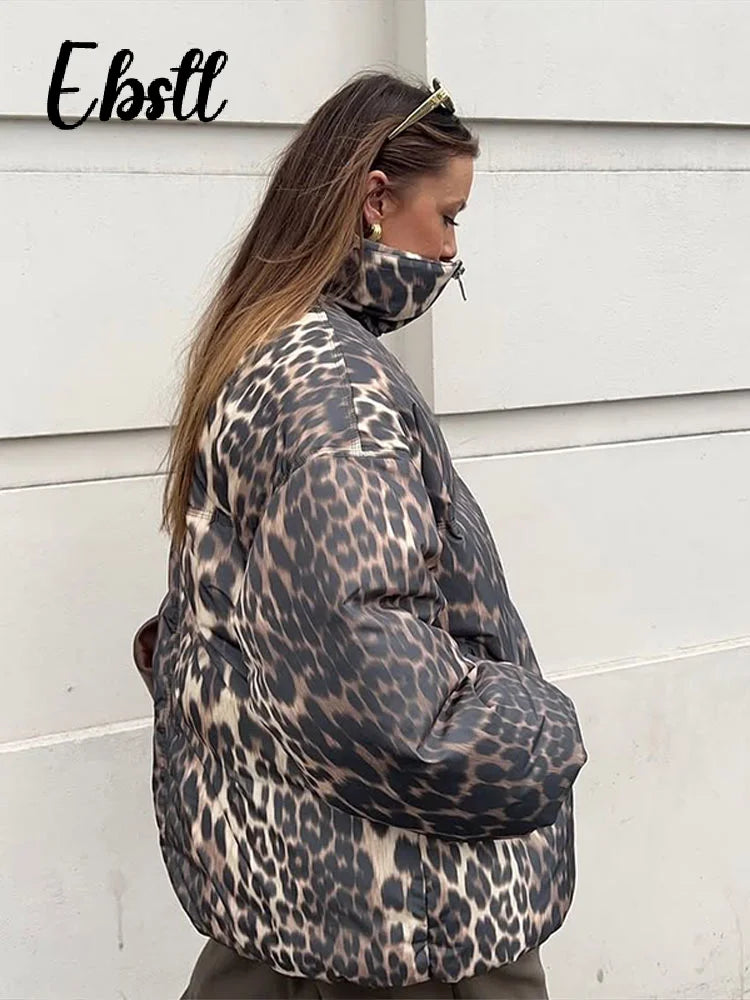 Women's Leopard Print Cotton Coat with Detachable Hood and Zipper Closure