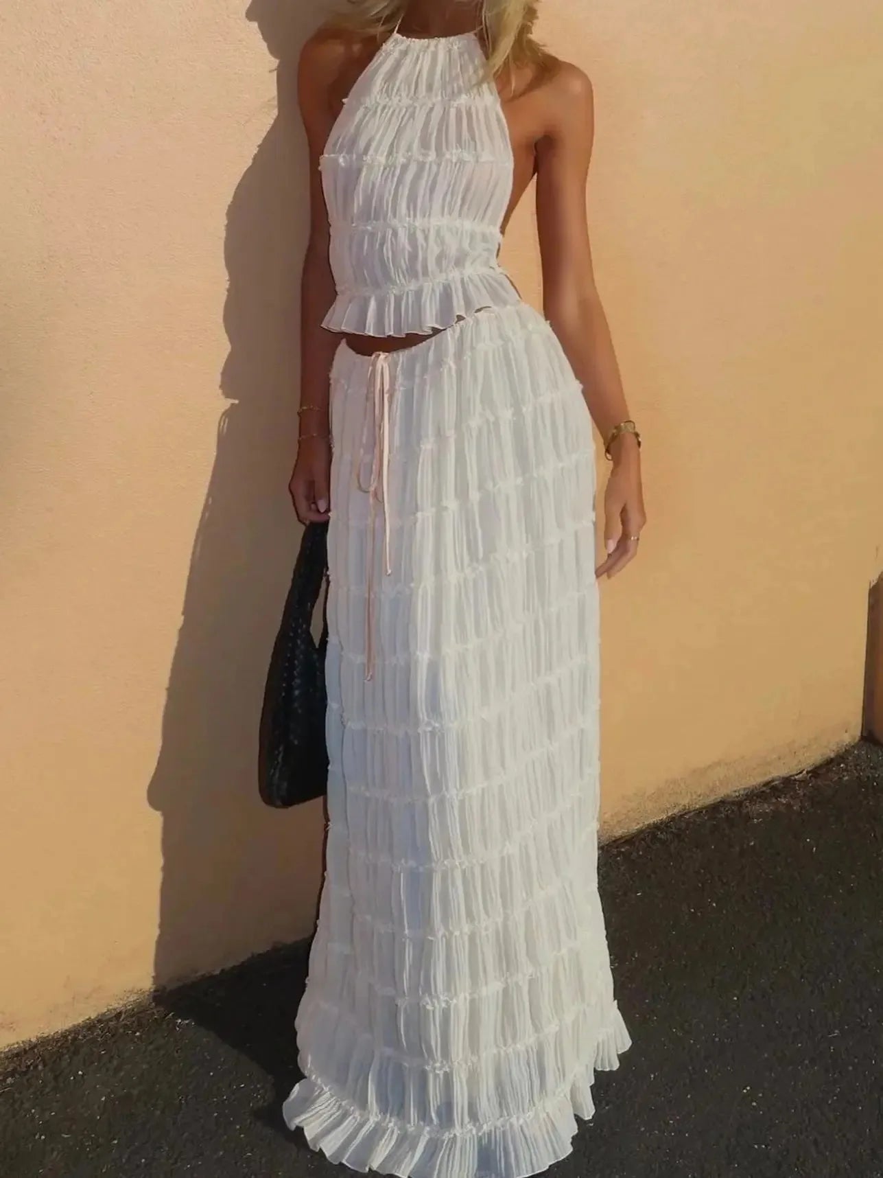 womens Halter Neck Long Backless Sling Top Lace Up Fold Maxi dress