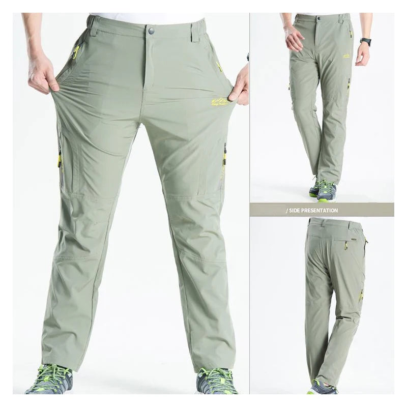 Green hiking pants displayed from multiple angles on a white background