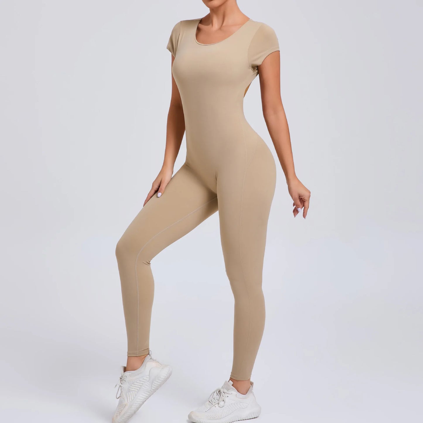 Women's Padded Short Sleeve One-Piece Jumpsuit - Quick-Dry, Backless Sports Suit for Active Fitness