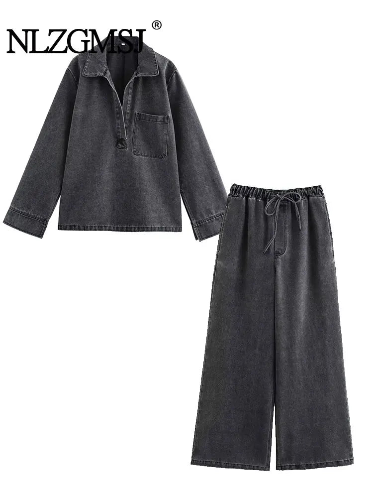 Women’s Two-Piece Sweater Set with Turn-Down Collar & High-Waist Drawstring Pants