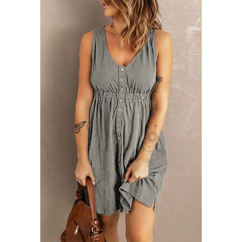 Women’s Sleeveless Button-Down Dress with Elastic Waist – Swing Style, Loose Fit