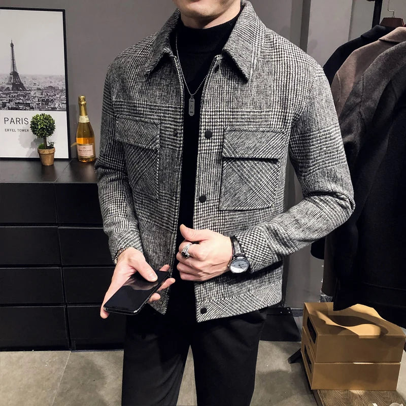 Slim Fit Men’s Polo Neck Jacket with Checkered Pattern and Multiple Pockets