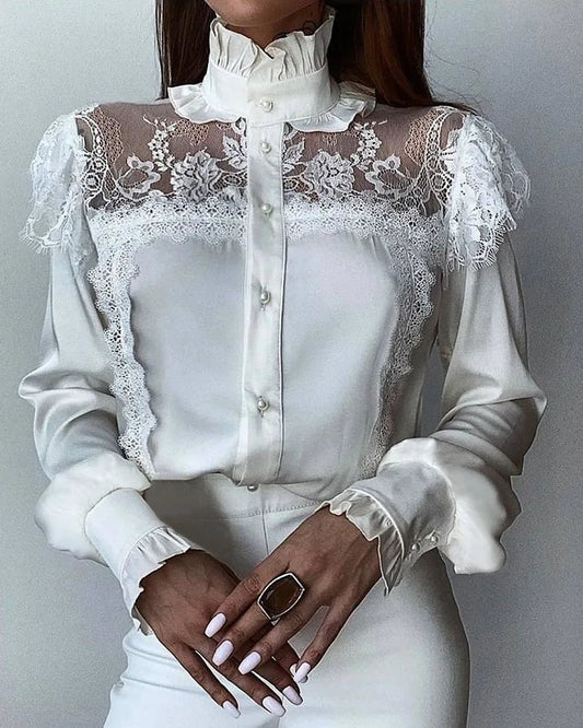 Vintage Women's Blouses with Lace Detail and Mesh Buttons