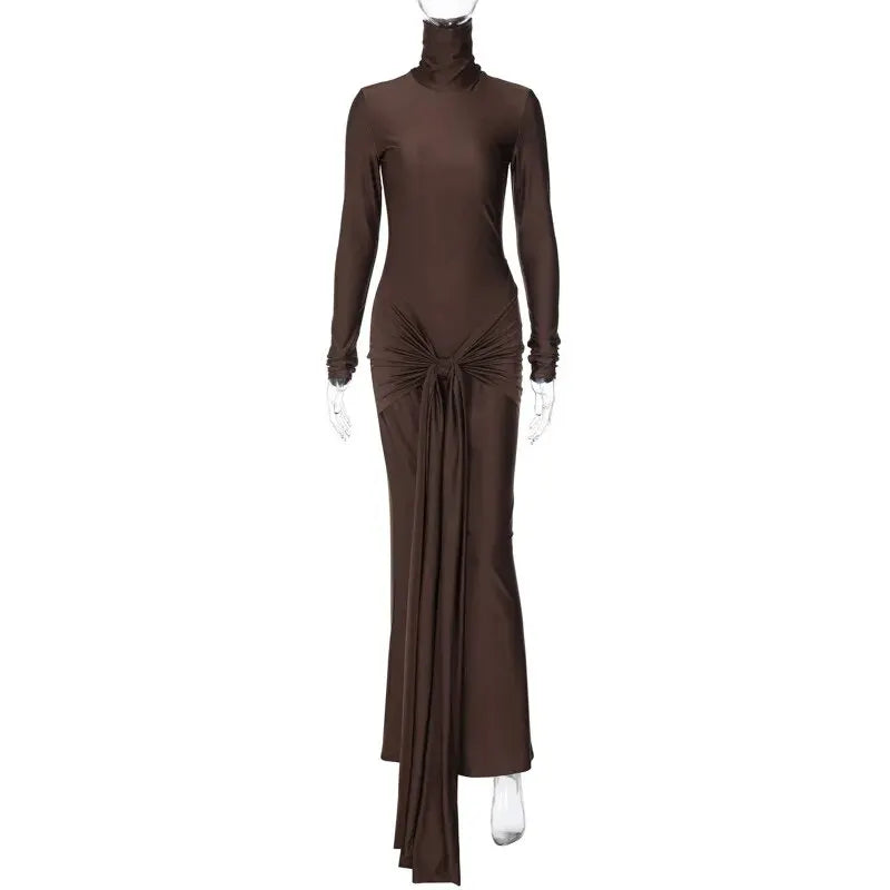 Tight-Fitting Lace-Up High Neck Long Sleeve Bodycon Dress for Women