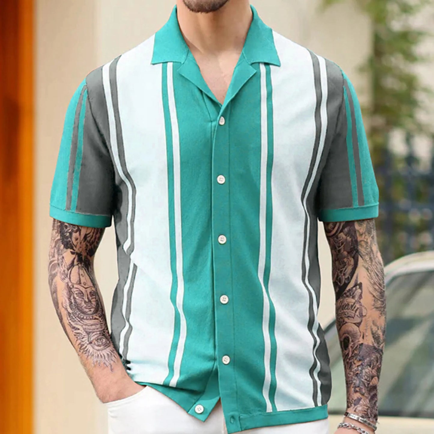 Men's Breathable Striped Knit Patchwork Polo Shirt - Short Sleeve Button-Up