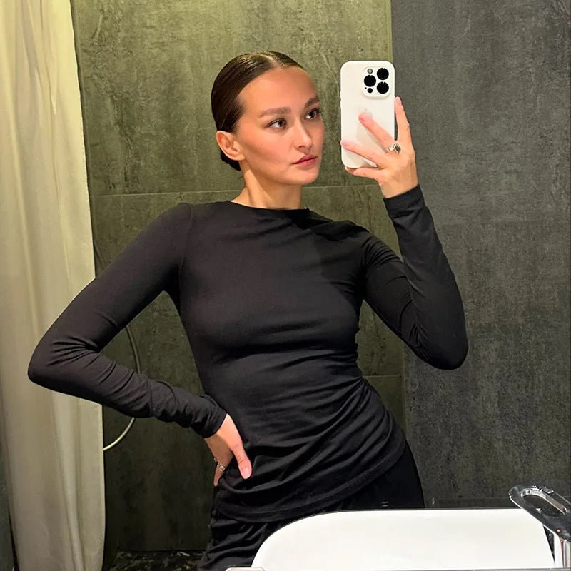 Women's Two-Piece Pleated Casual Sweater Set with Round Neck Long Sleeve Top & High-Waisted Wide Leg Pants