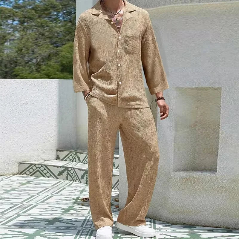 Men's Casual Cotton 2-Piece Set: Stylish Shirts and Pants Combo
