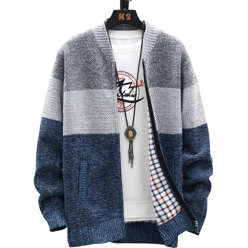 Men's Casual Striped Fleece Zip-Up Cardigan