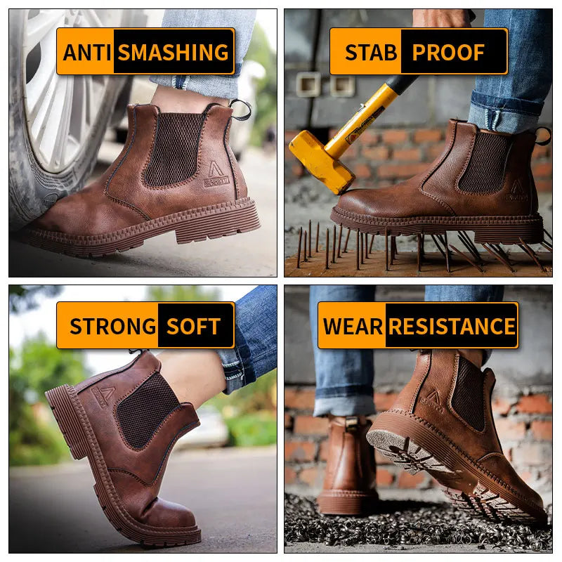 Waterproof Safety Work Shoes for Men - Steel Toe Leather Work Boots with Slip-Resistant Sole