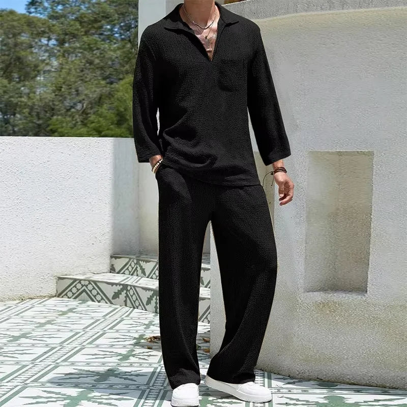 Men's Casual Cotton 2-Piece Set: Stylish Shirts and Pants Combo