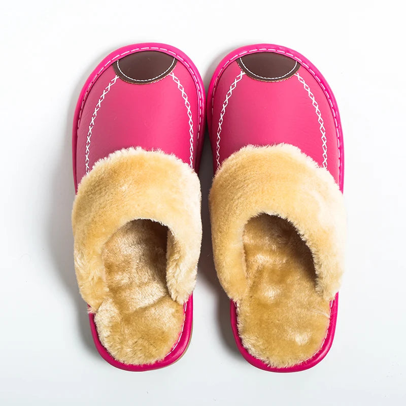 Unisex Waterproof Faux Leather Fluffy Casual Slippers - Various Colors