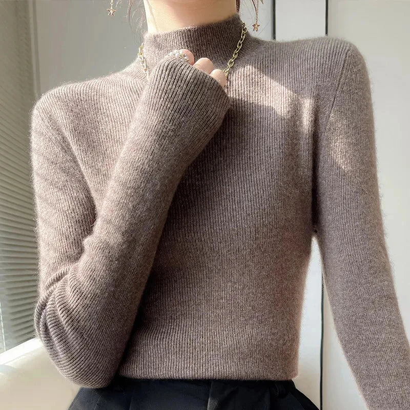 Ribbed Neck Sweater for Women - Fitted Knitted Pullovers