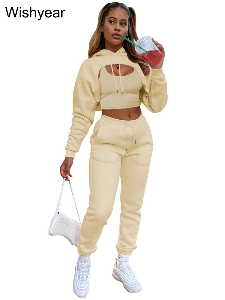 Wisyear Women's 3-Piece Velvet Tracksuit Set - Crop Hoodie, Vest, and Sweatpants Matching Outfit