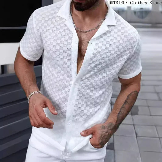 Men's Breathable Lace Hollow-Out Shirt – Stylish Casual Top for Men
