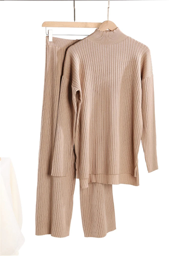 Women's 2 Piece Knitted Turtleneck Sweater & Straight Leg Pants Set