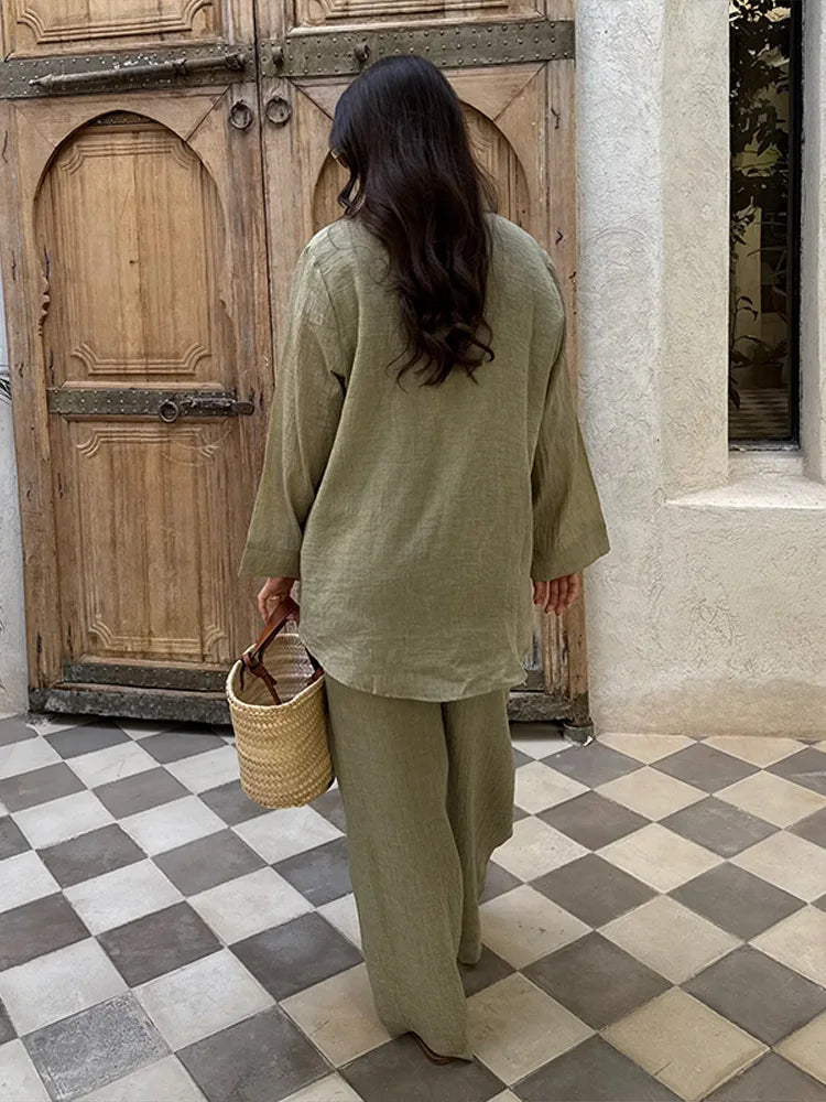 Women's 2-Piece Loose Fit Trouser and Long Sleeve Turn-Down Collar Shirt Set