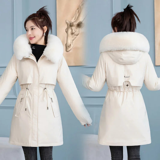 Women's Long Hooded Parka Coat with Wool Lining and Fur Collar - Various Colors