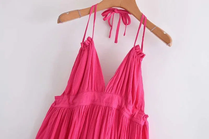 Women's Bow-Back Lacing Halter Collar Mesh Pleated Mini Dress